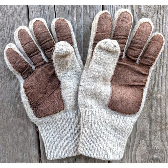 Vtg Wool Blend Winter Gloves Leather Palm Mens Medium Large Tan Brown - Picture 1 of 10